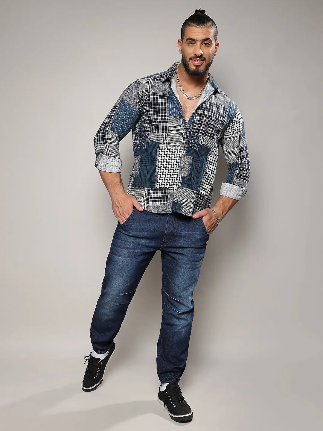 Navy Blue Herringbone Block Shirt - Shop authentic Indian Men's Fashion by Instafab Plus