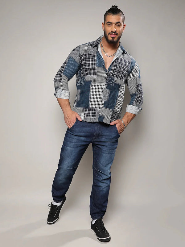 Navy Blue Herringbone Block Shirt - Shop authentic Indian Men's Fashion by Instafab Plus