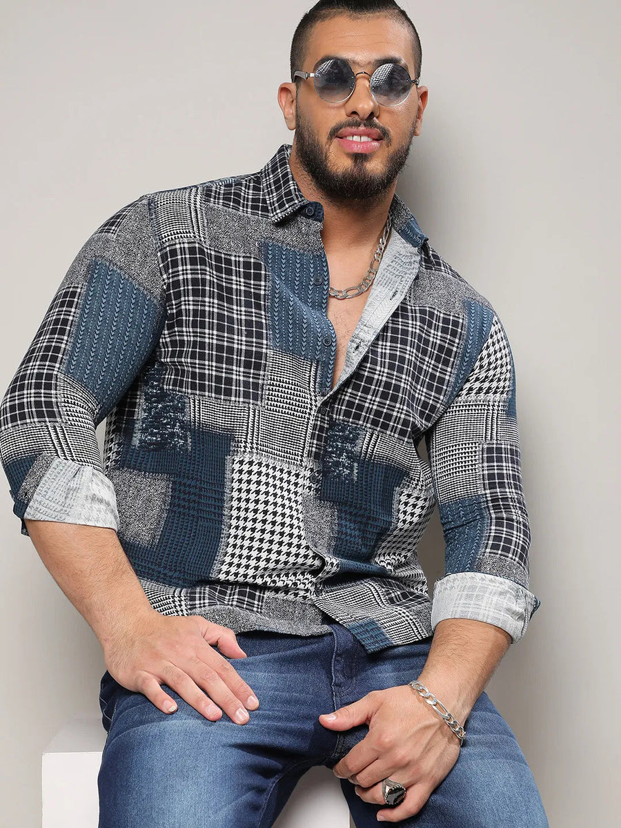 Navy Blue Herringbone Block Shirt - Shop authentic Indian Men's Fashion by Instafab Plus