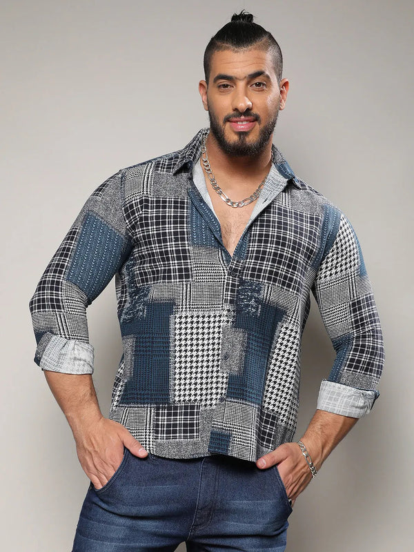 Navy Blue Herringbone Block Shirt - Shop authentic Indian Men's Fashion by Instafab Plus