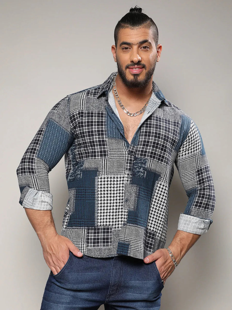Navy Blue Herringbone Block Shirt - Shop authentic Indian Men's Fashion by Instafab Plus