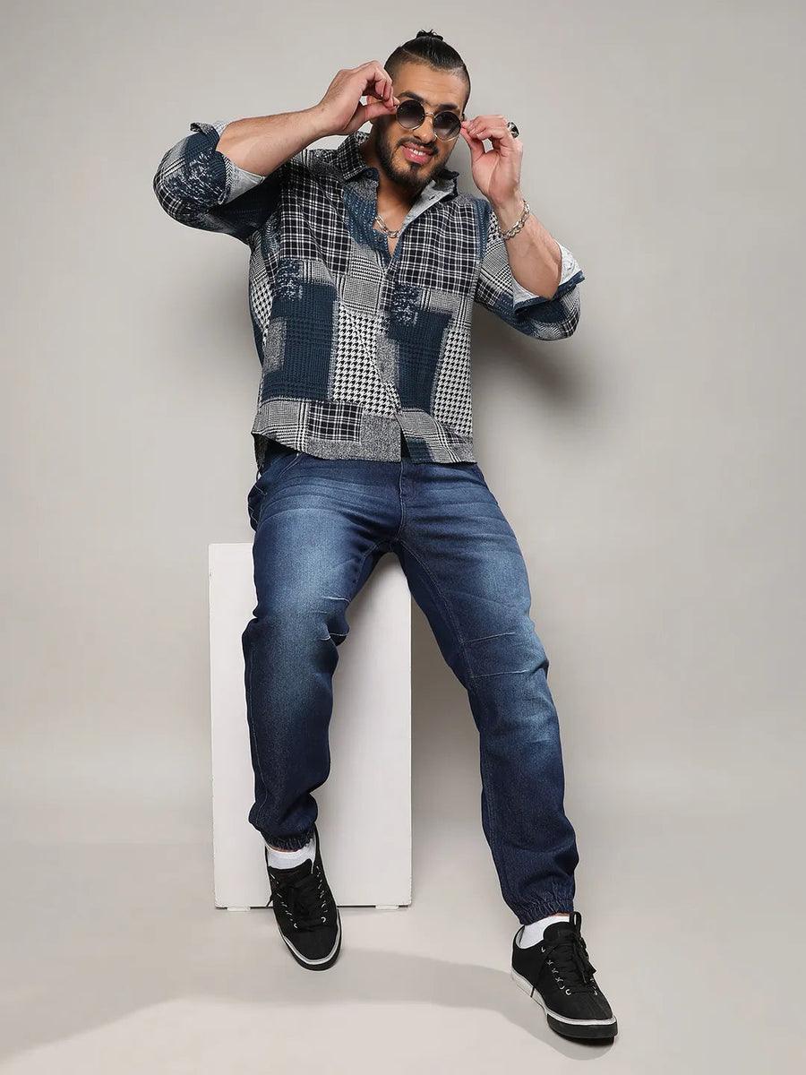 Navy Blue Herringbone Block Shirt - Shop authentic Indian Men's Fashion by Instafab Plus