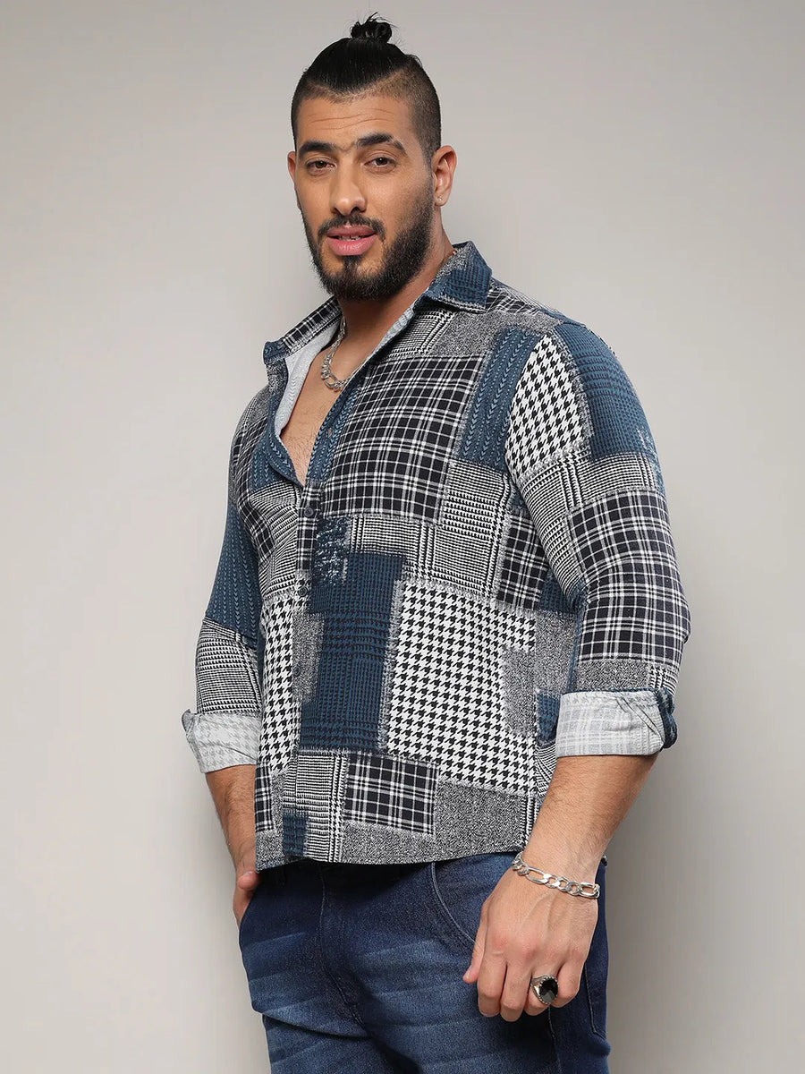 Navy Blue Herringbone Block Shirt - Shop authentic Indian Men's Fashion by Instafab Plus