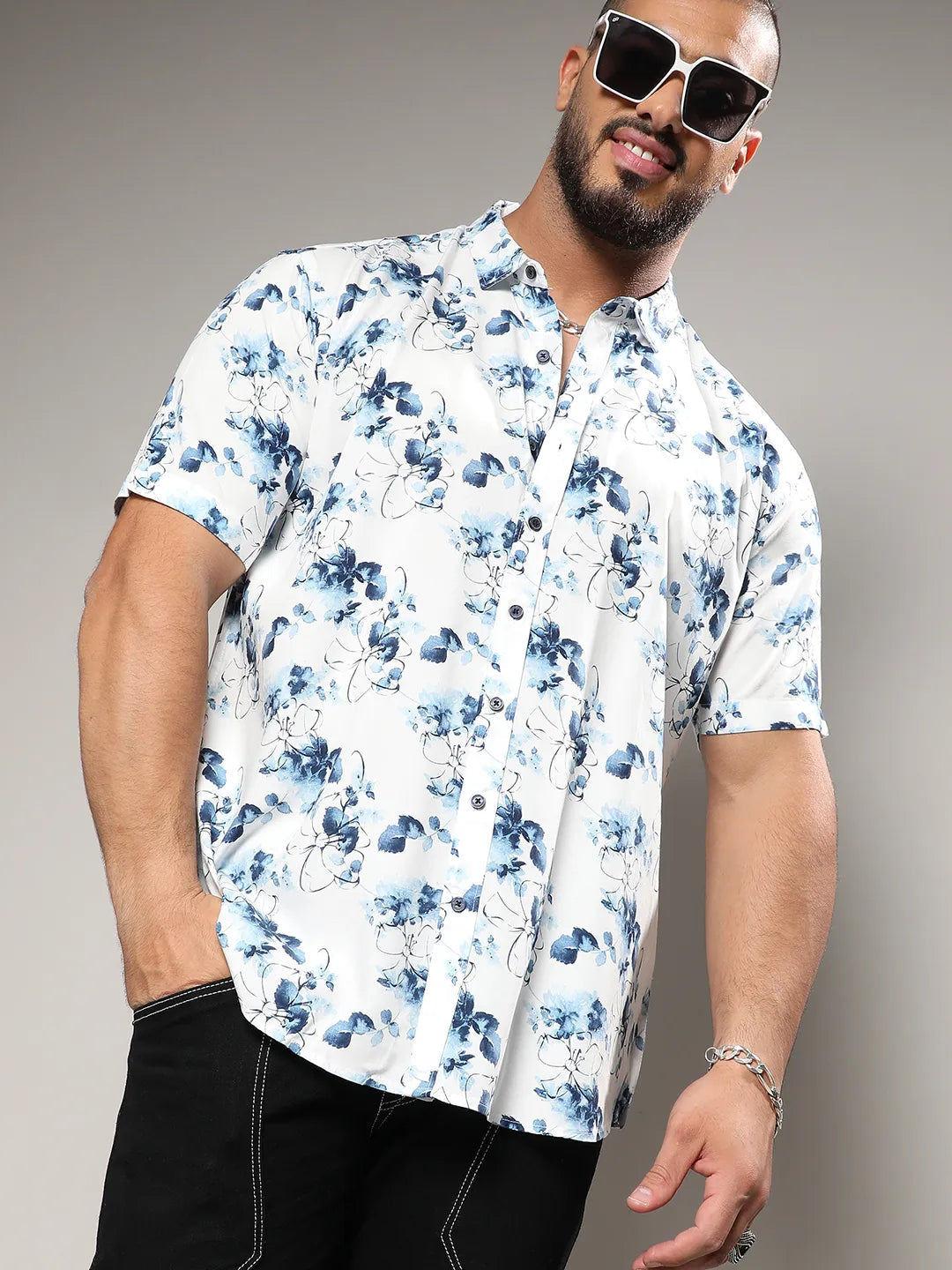 Blue & White Botanical Strokes Shirt - Shop authentic Indian Men's Fashion by Instafab Plus