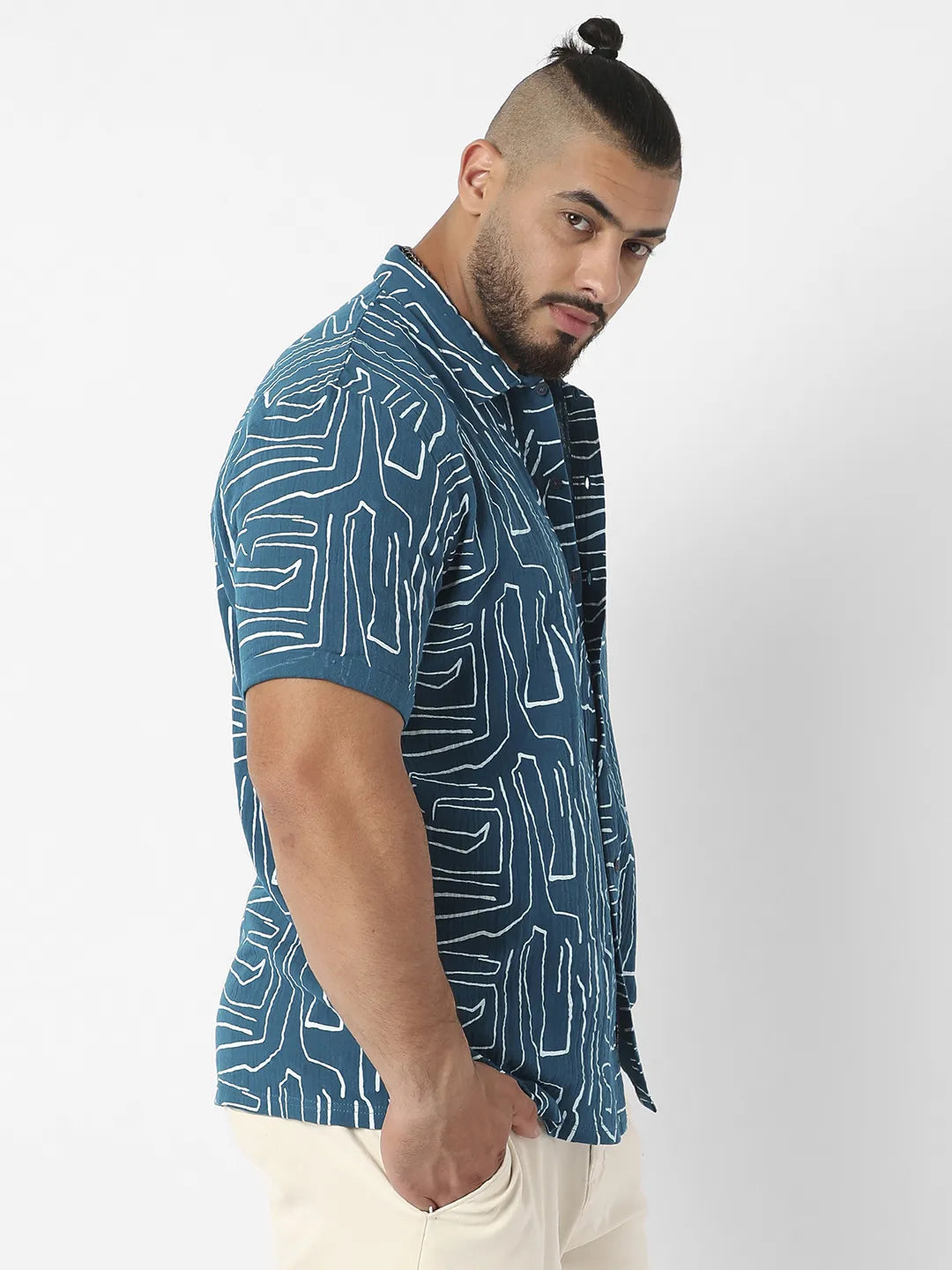 Teal Blue Abstract Lines Print Shirt - Shop authentic Indian Men's Fashion by Instafab Plus