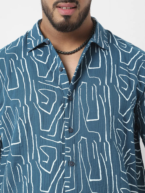 Teal Blue Abstract Lines Print Shirt - Shop authentic Indian Men's Fashion by Instafab Plus