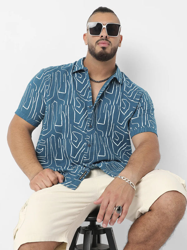 Teal Blue Abstract Lines Print Shirt - Shop authentic Indian Men's Fashion by Instafab Plus