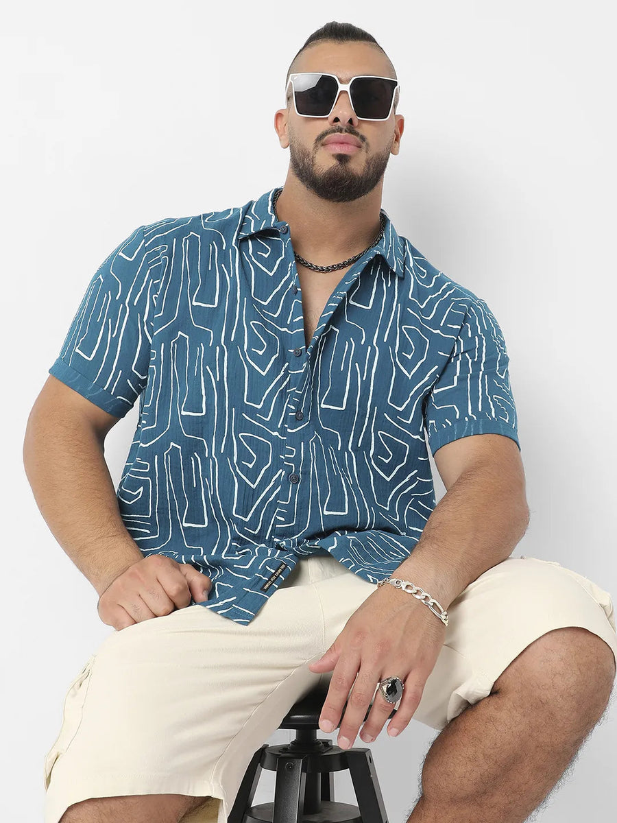 Teal Blue Abstract Lines Print Shirt - Shop authentic Indian Men's Fashion by Instafab Plus