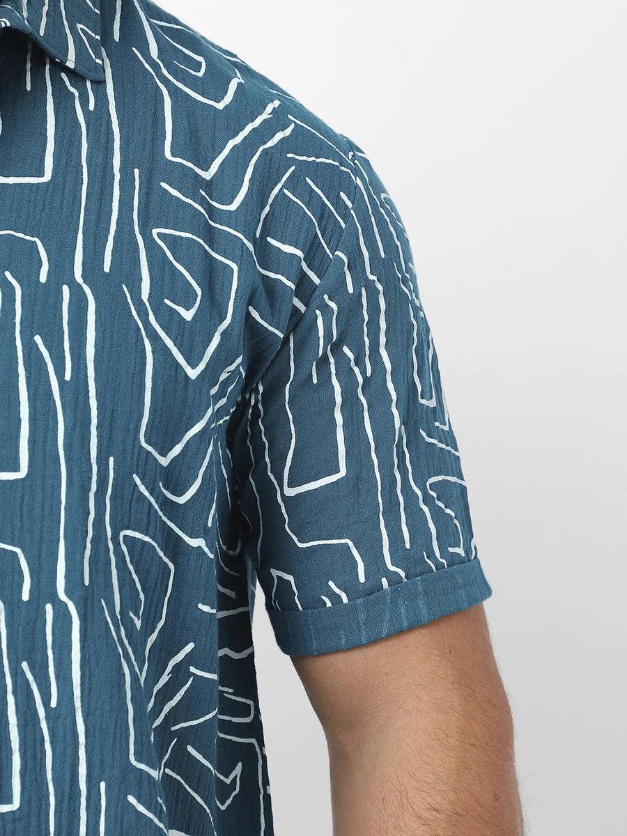Teal Blue Abstract Lines Print Shirt - Shop authentic Indian Men's Fashion by Instafab Plus