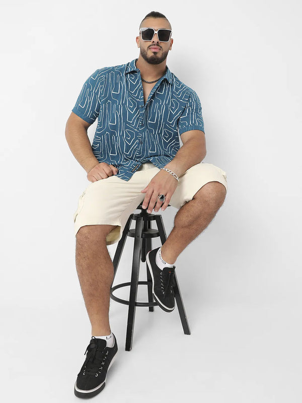 Teal Blue Abstract Lines Print Shirt - Shop authentic Indian Men's Fashion by Instafab Plus