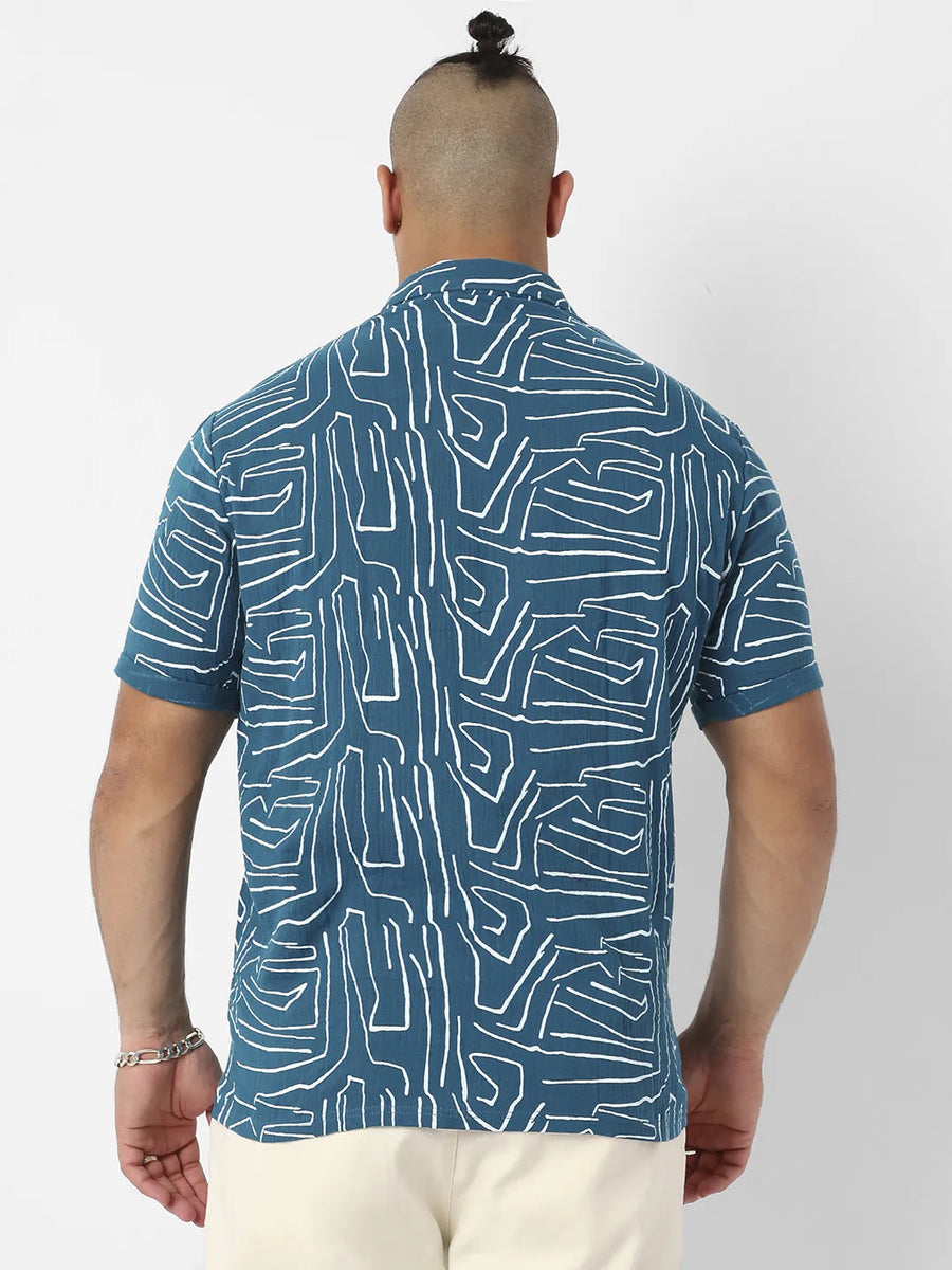 Teal Blue Abstract Lines Print Shirt - Shop authentic Indian Men's Fashion by Instafab Plus