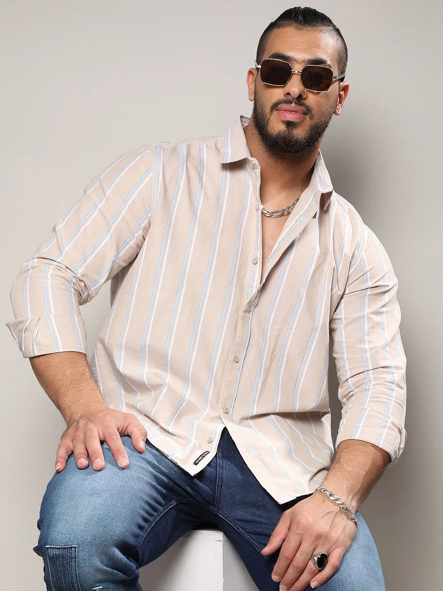 Beige Striped Cotton Shirt - Shop authentic Indian Men's Fashion by Instafab Plus