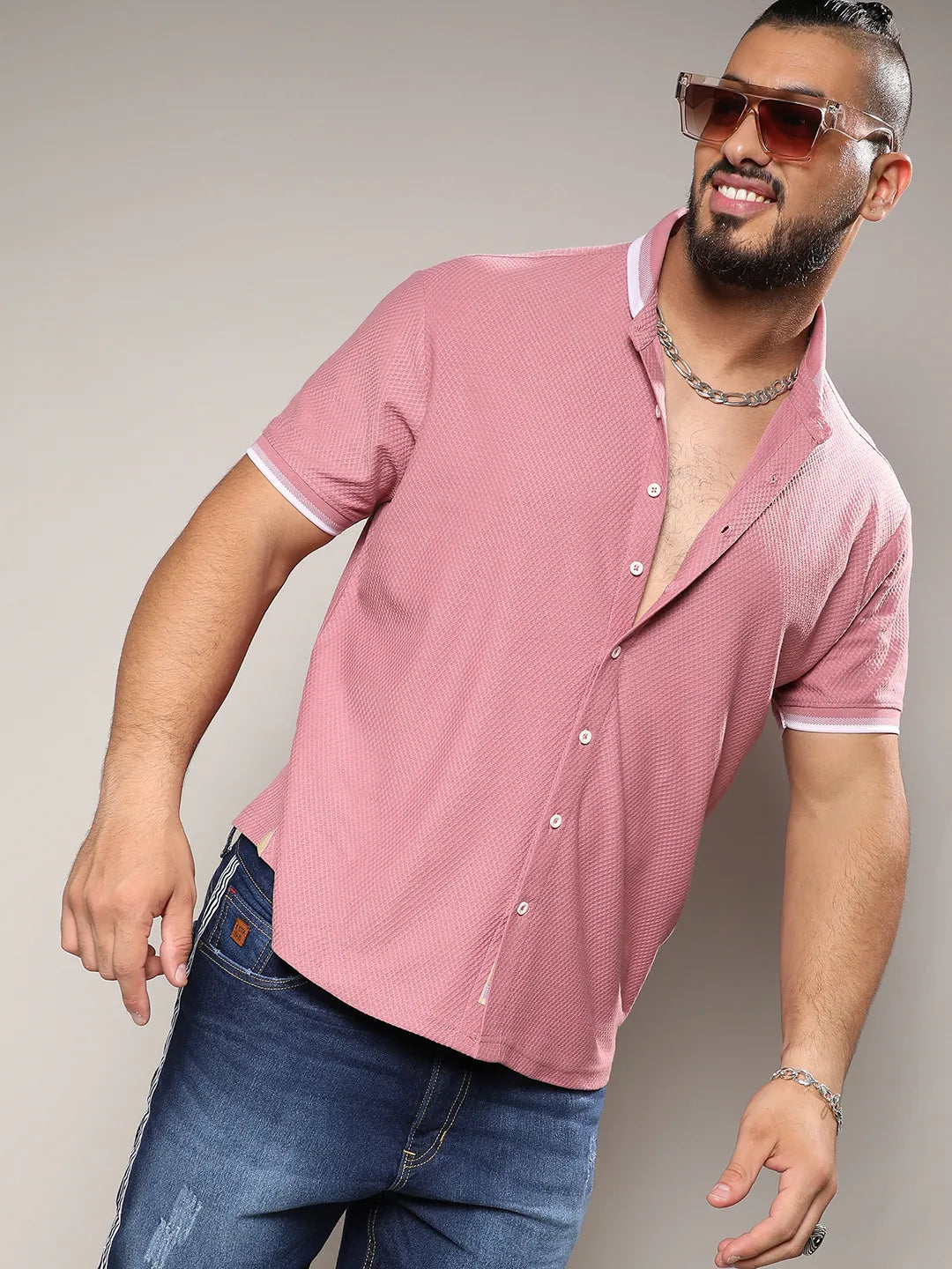 Coral Pink Honeycomb Knit Shirt - Shop authentic Indian Men's Fashion by Instafab Plus