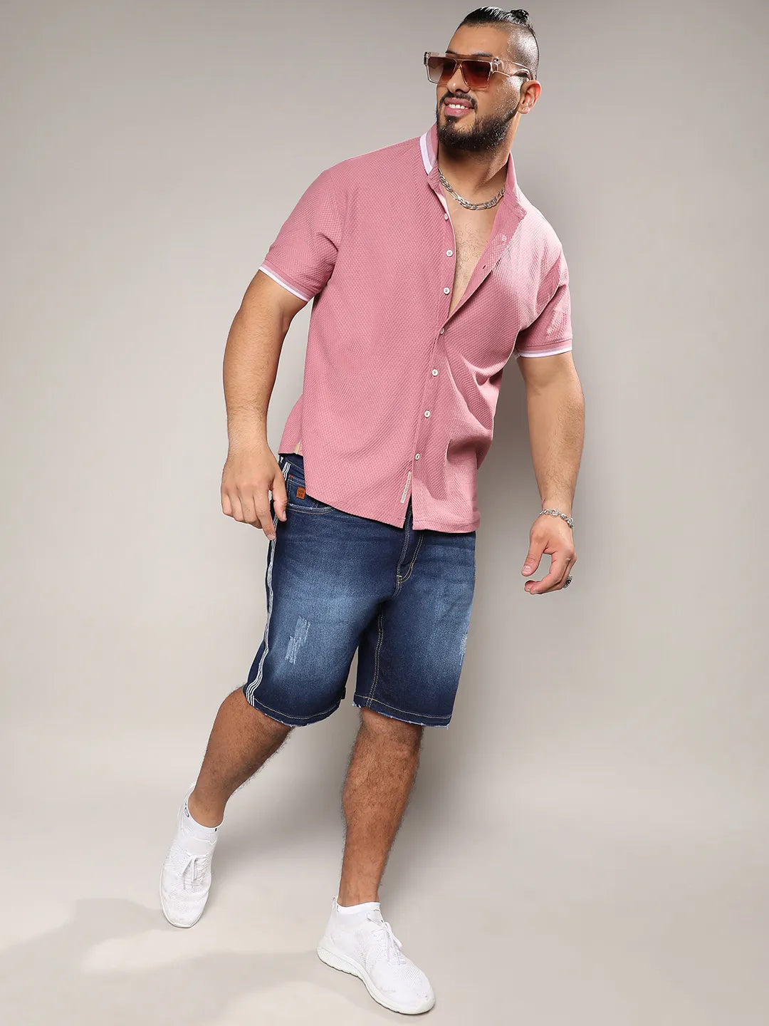 Coral Pink Honeycomb Knit Shirt - Shop authentic Indian Men's Fashion by Instafab Plus