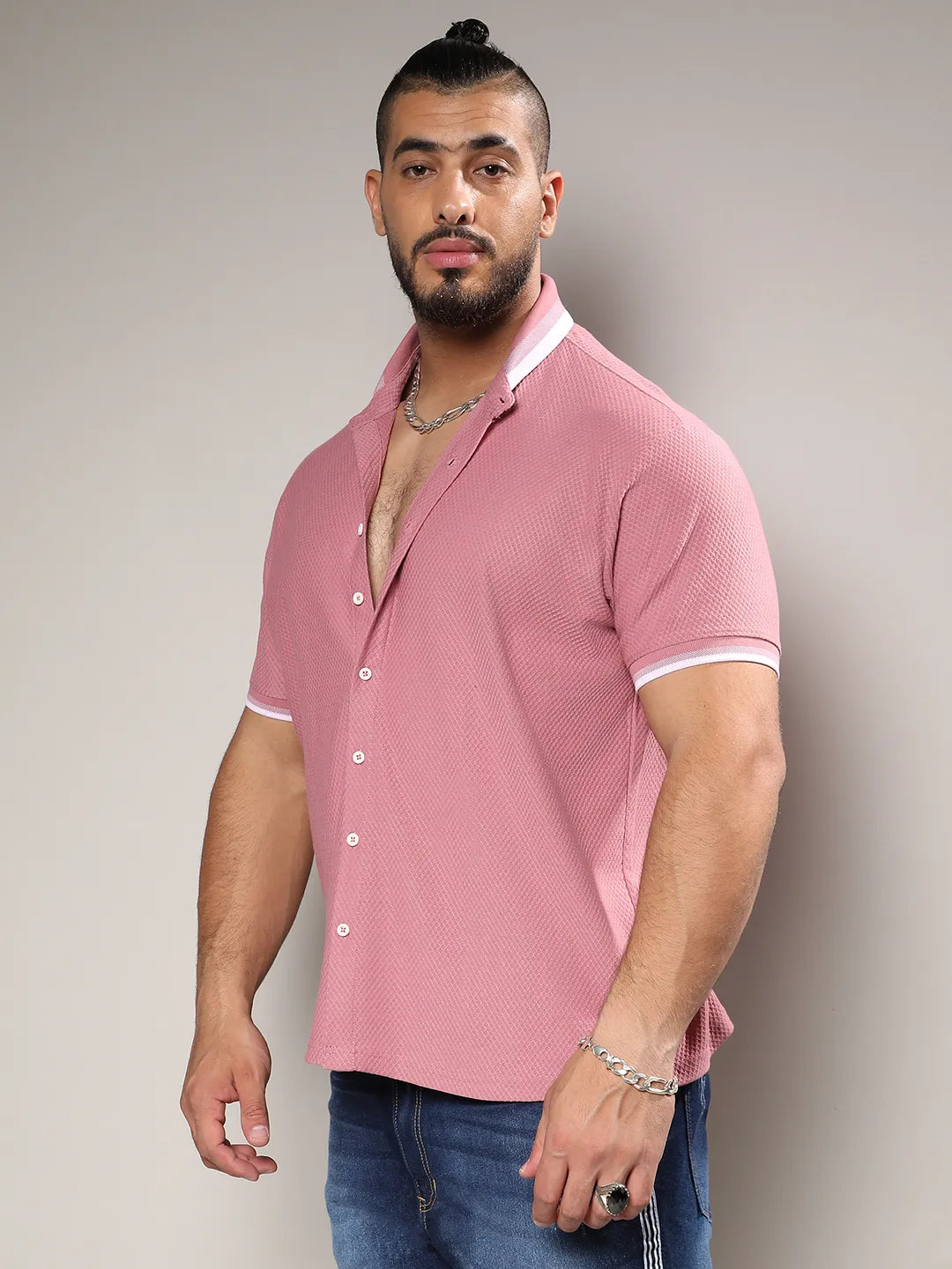 Coral Pink Honeycomb Knit Shirt - Shop authentic Indian Men's Fashion by Instafab Plus