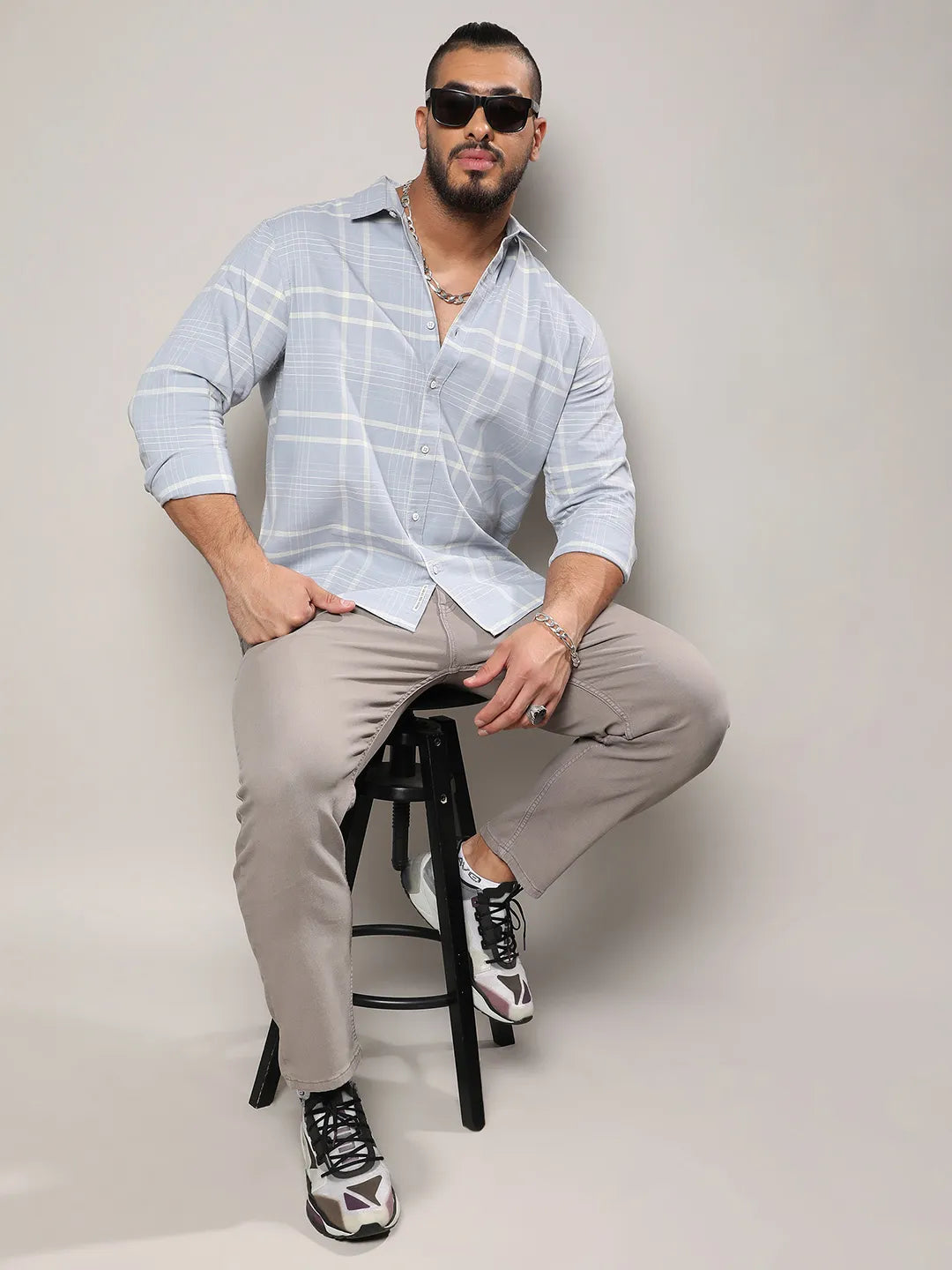 Light Grey Contrast Tartan Plaid Shirt - Shop authentic Indian Men's Fashion by Instafab Plus