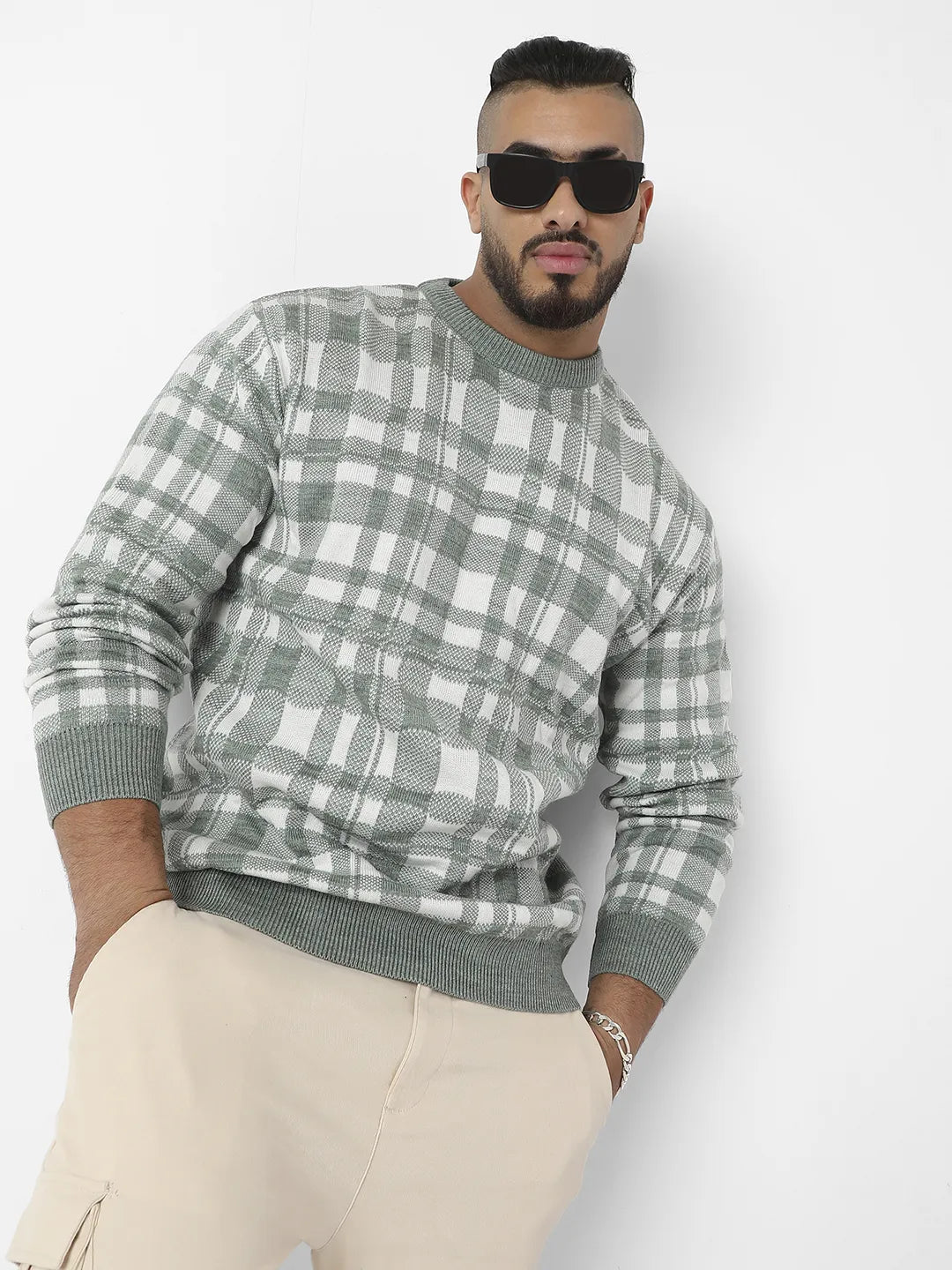 Olive Green Tartan Plaid Knitted Pullover Sweater - Shop authentic Indian Men's Fashion by Instafab Plus