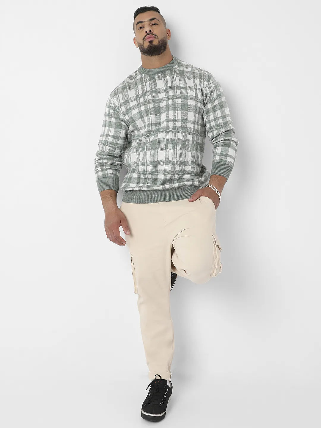 Olive Green Tartan Plaid Knitted Pullover Sweater - Shop authentic Indian Men's Fashion by Instafab Plus
