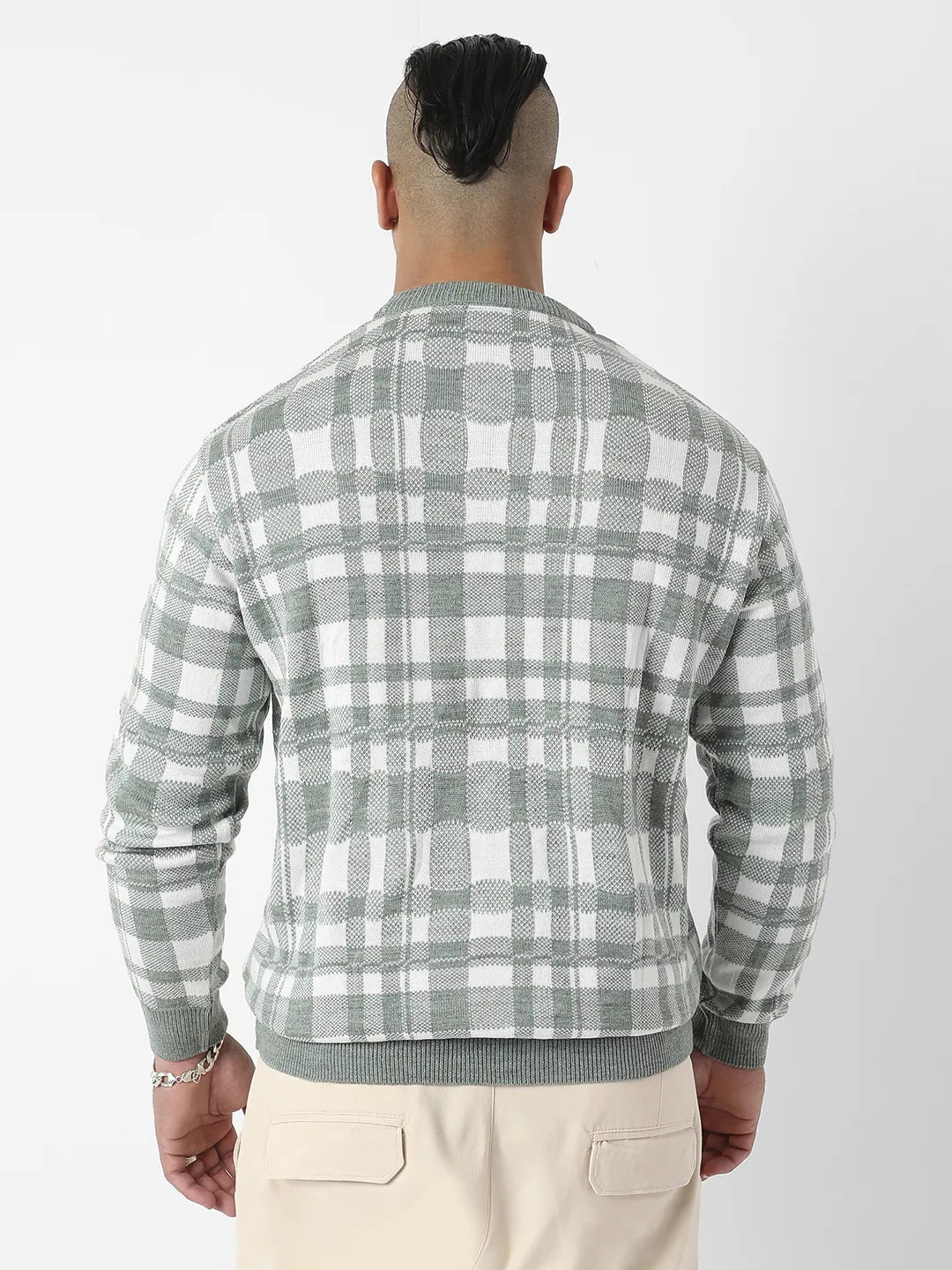 Olive Green Tartan Plaid Knitted Pullover Sweater - Shop authentic Indian Men's Fashion by Instafab Plus