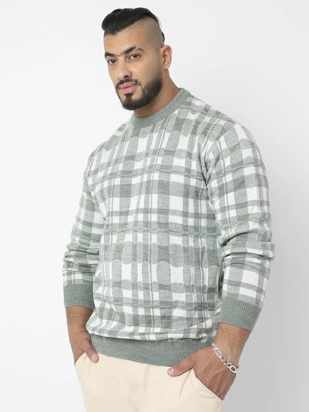 Olive Green Tartan Plaid Knitted Pullover Sweater - Shop authentic Indian Men's Fashion by Instafab Plus