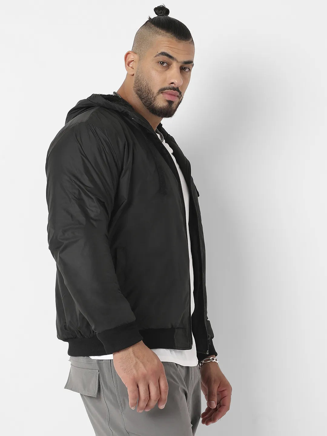 Black Zip-Front Puffer Jacket With Ribbed Hem - Shop authentic Indian Men's Fashion by Instafab Plus