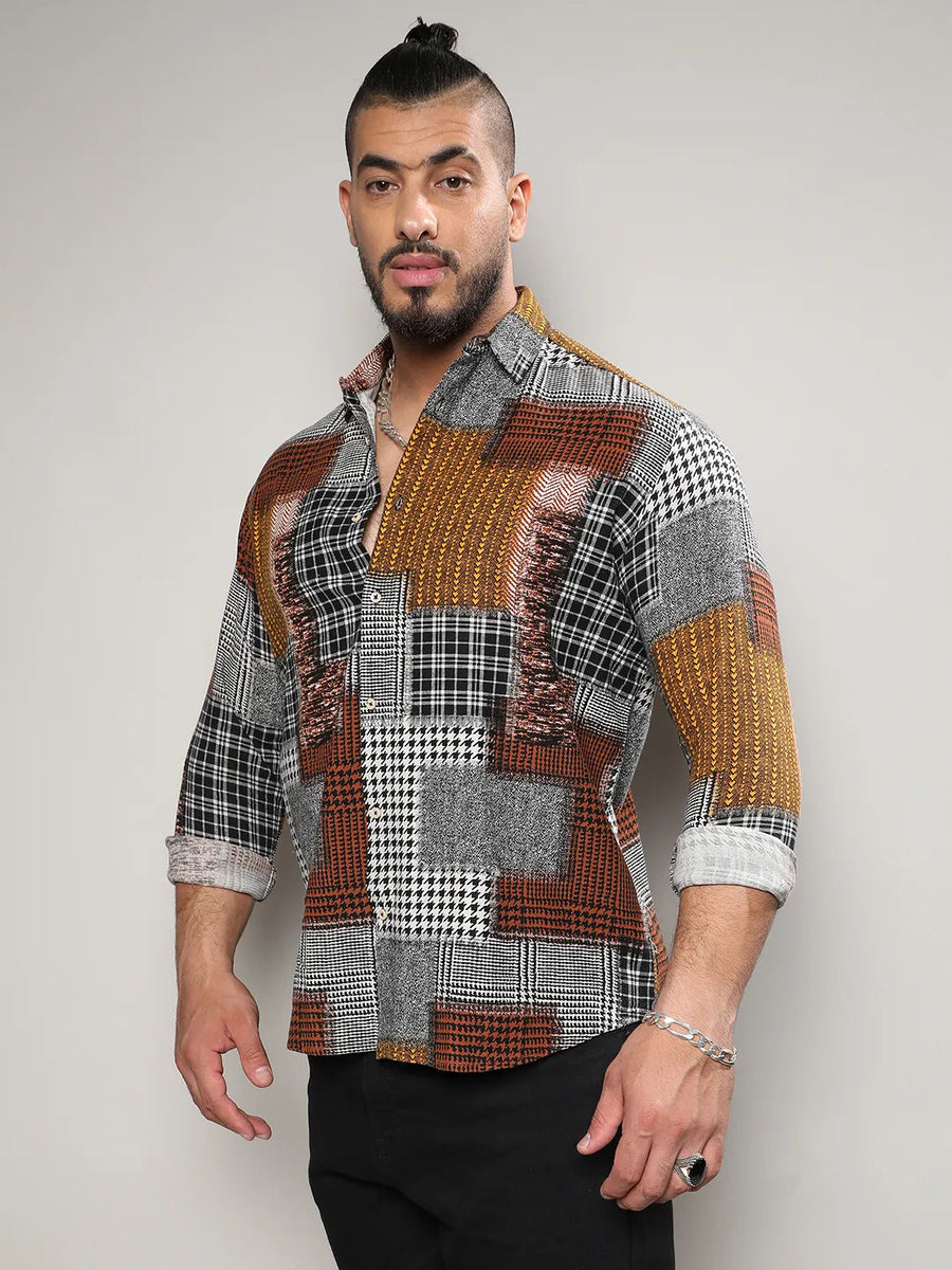 Brown Herringbone Block Shirt - Shop authentic Indian Men's Fashion by Instafab Plus