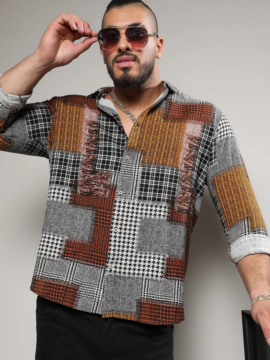 Brown Herringbone Block Shirt - Shop authentic Indian Men's Fashion by Instafab Plus
