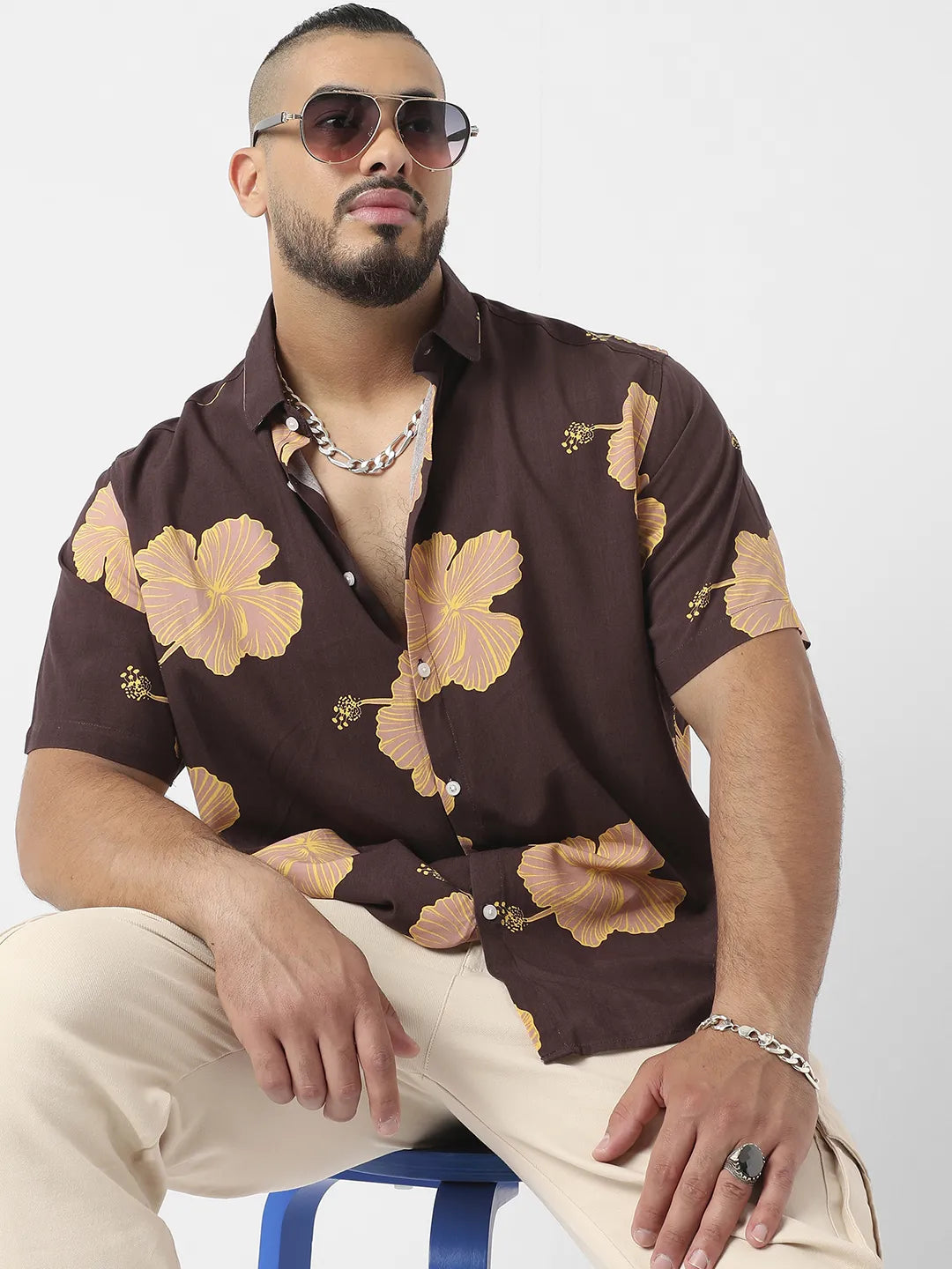 Brown Hibiscus Print Shirt - Shop authentic Indian Men's Fashion by Instafab Plus