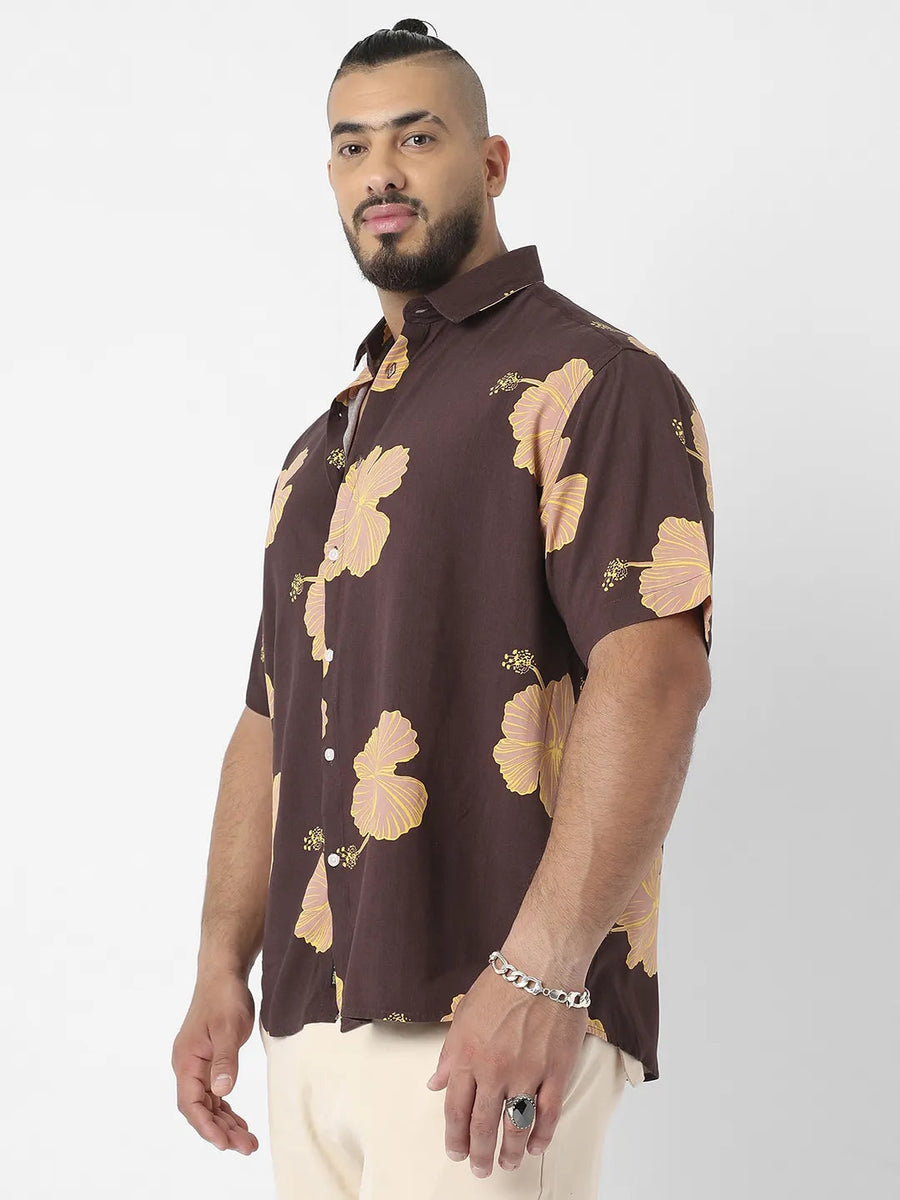 Brown Hibiscus Print Shirt - Shop authentic Indian Men's Fashion by Instafab Plus