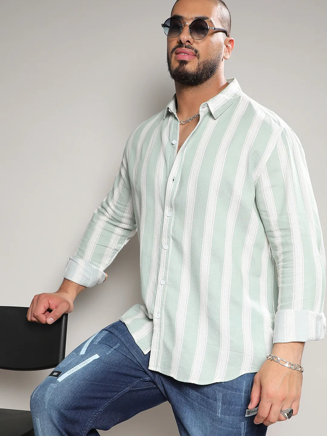 Sage Green & White Contrast Club Striped Shirt - Shop authentic Indian Men's Fashion by Instafab Plus