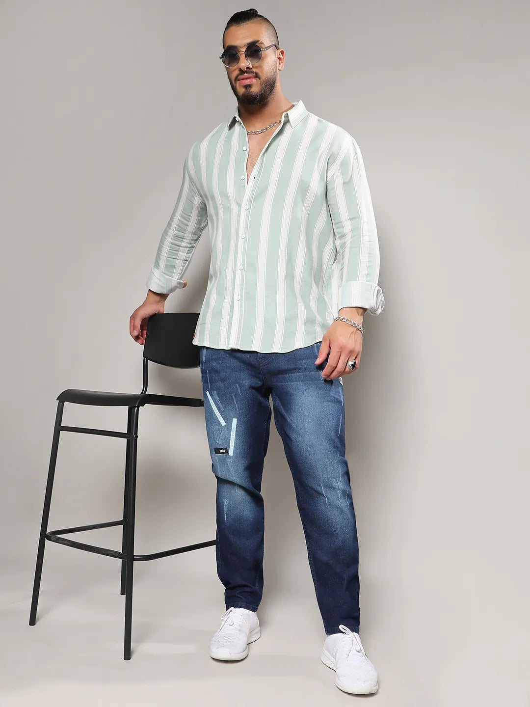Sage Green & White Contrast Club Striped Shirt - Shop authentic Indian Men's Fashion by Instafab Plus