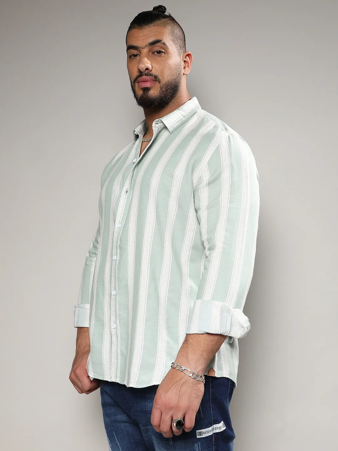 Sage Green & White Contrast Club Striped Shirt - Shop authentic Indian Men's Fashion by Instafab Plus