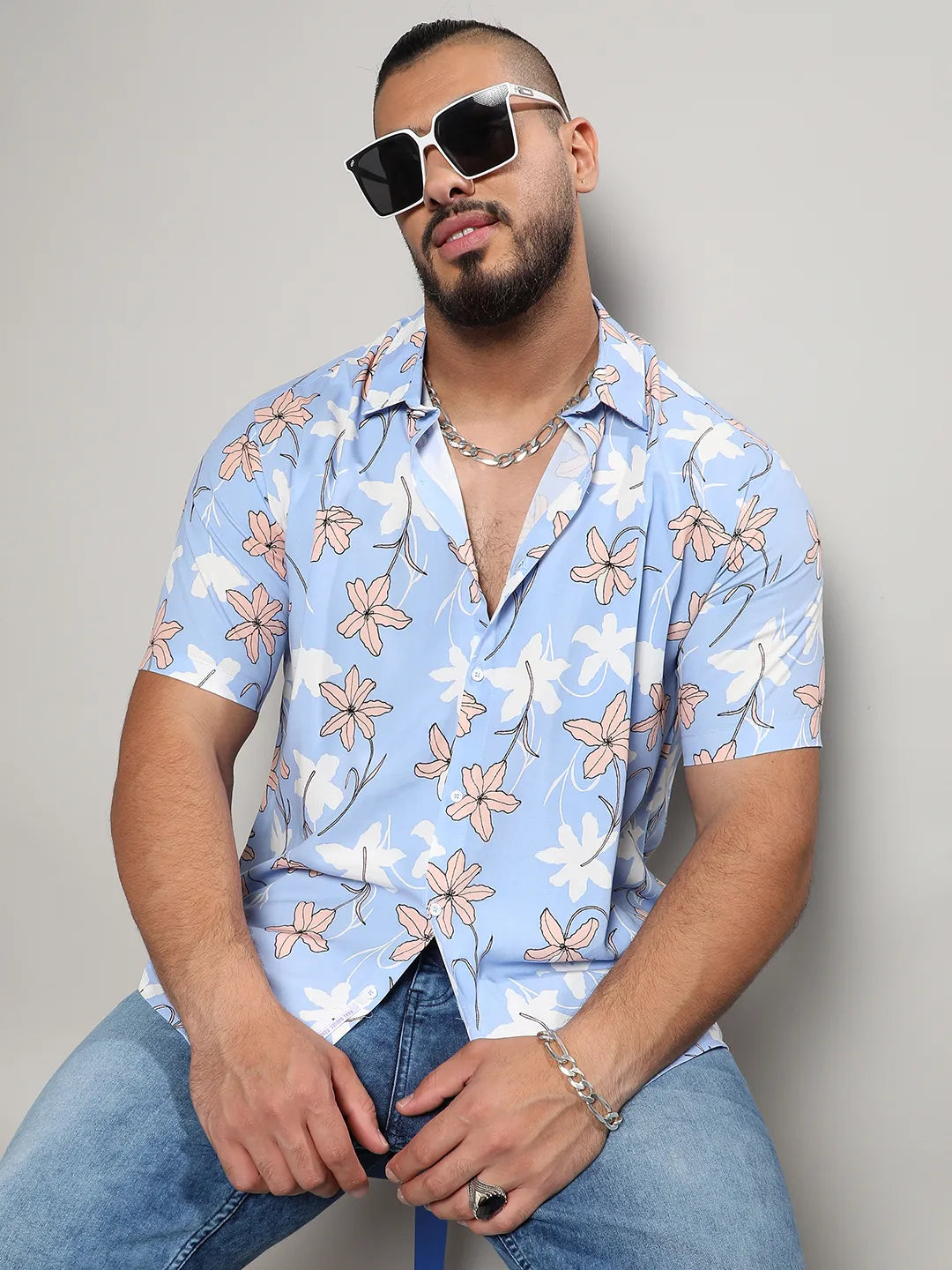 Sky Blue Airy Flower Shirt - Shop authentic Indian Men's Fashion by Instafab Plus