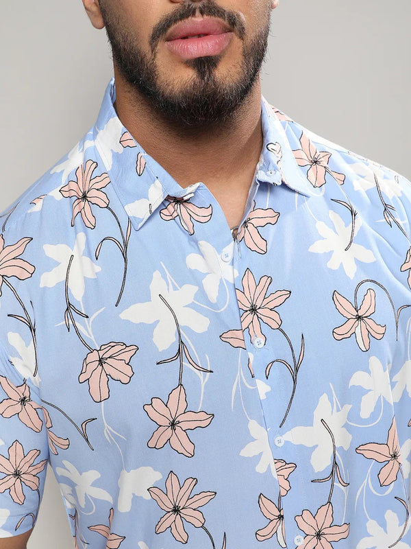 Sky Blue Airy Flower Shirt - Shop authentic Indian Men's Fashion by Instafab Plus