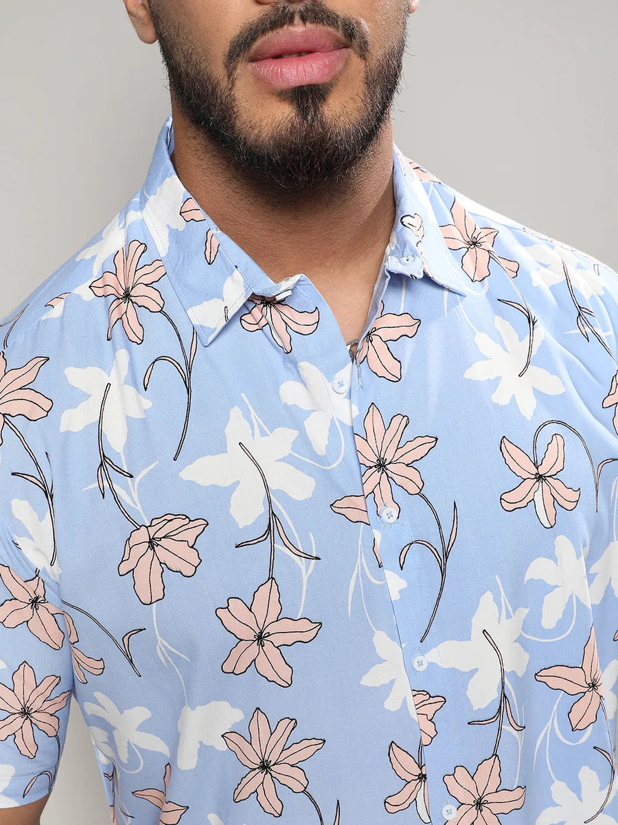 Sky Blue Airy Flower Shirt - Shop authentic Indian Men's Fashion by Instafab Plus