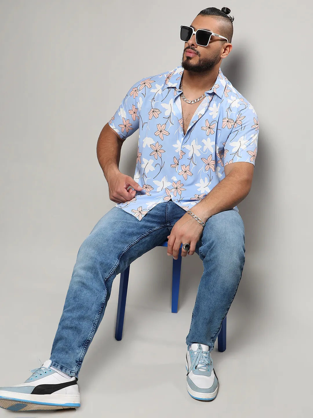 Sky Blue Airy Flower Shirt - Shop authentic Indian Men's Fashion by Instafab Plus