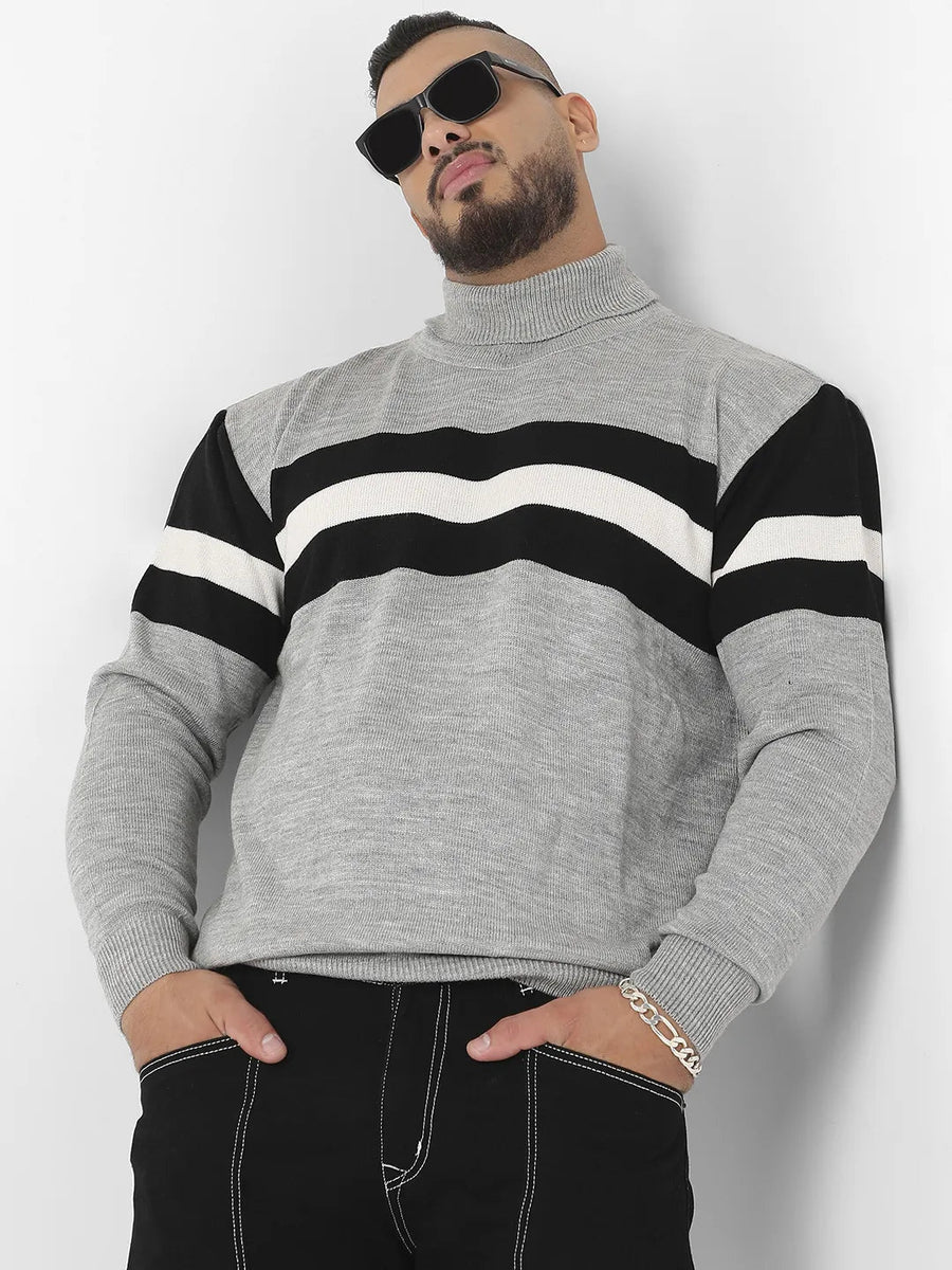 Striped Turtle Neck Woollen Pullover - Shop authentic Indian Men's Fashion by Instafab Plus