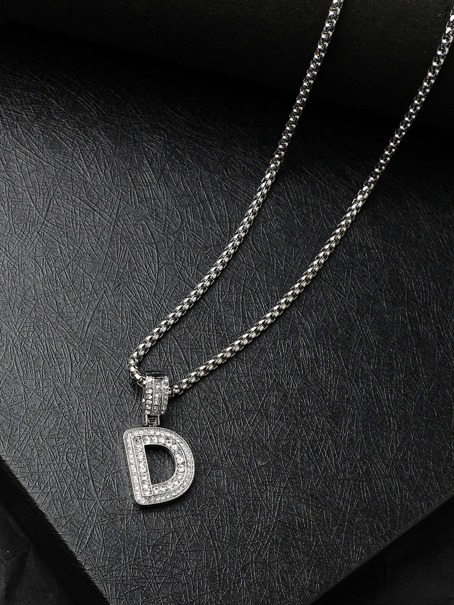 Embellished D Alphabet Pendant with Chain - Silver - Shop authentic Indian Men's Fashion by French Accent