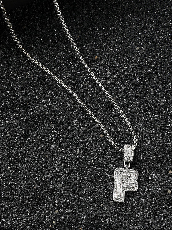 Embellished F Alphabet Pendant with Chain - Silver - Shop authentic Indian Men's Fashion by French Accent