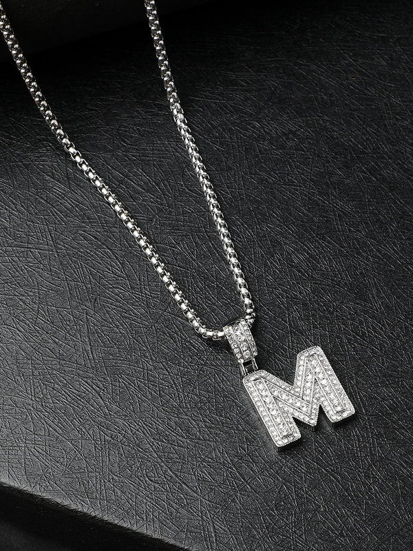 Embellished M Alphabet Pendant with Chain - Silver - Shop authentic Indian Men's Fashion by French Accent