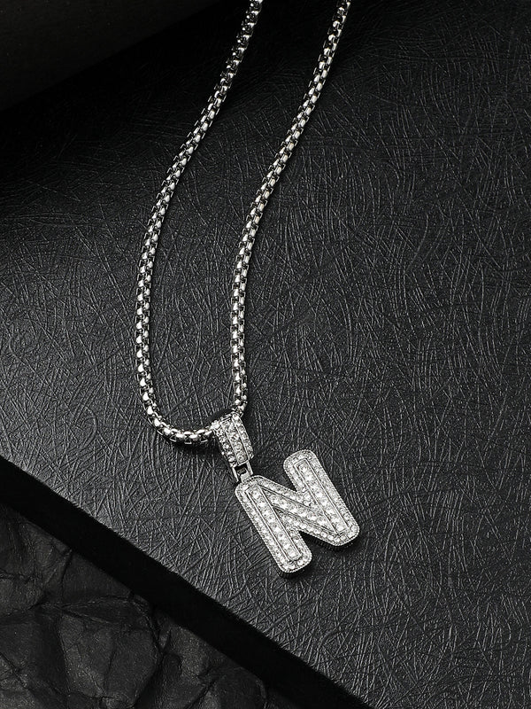 Embellished N Alphabet Pendant with Chain - Silver - Shop authentic Indian Men's Fashion by French Accent