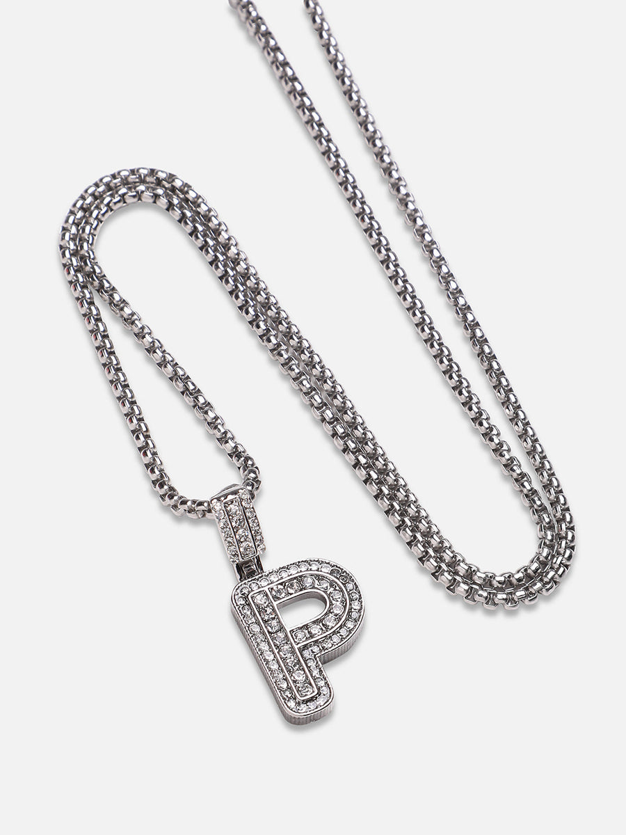 Embellished P Alphabet Pendant with Chain - Silver - Shop authentic Indian Men's Fashion by French Accent