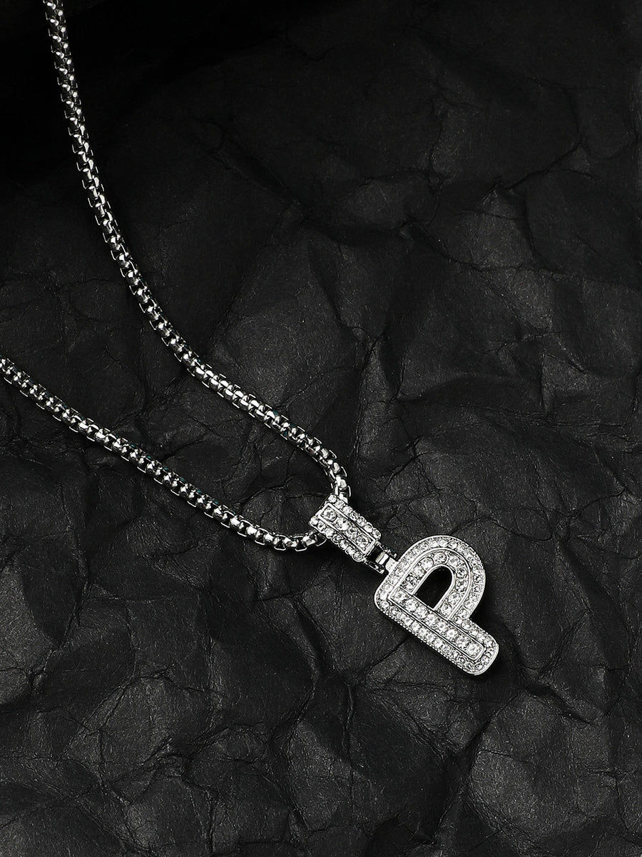 Embellished P Alphabet Pendant with Chain - Silver - Shop authentic Indian Men's Fashion by French Accent