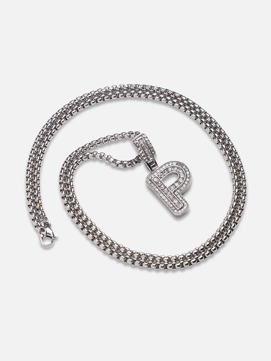 Embellished P Alphabet Pendant with Chain - Silver - Shop authentic Indian Men's Fashion by French Accent