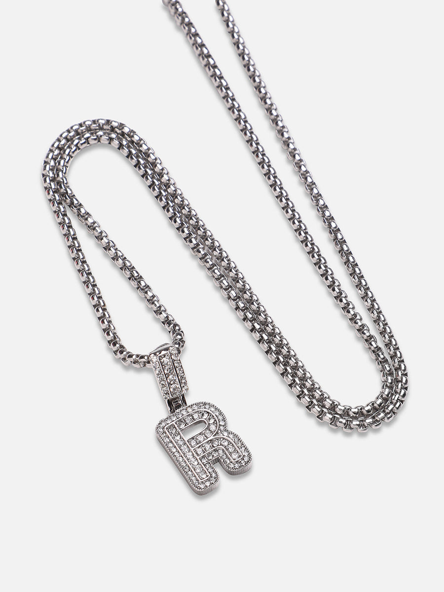 Embellished R Alphabet Pendant with Chain - Silver - Shop authentic Indian Men's Fashion by French Accent