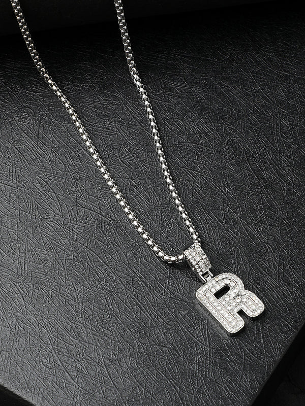Embellished R Alphabet Pendant with Chain - Silver - Shop authentic Indian Men's Fashion by French Accent