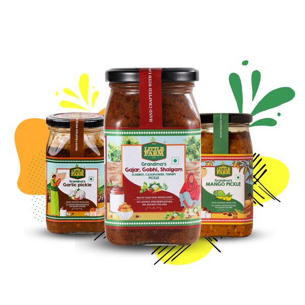 Garlic Pickle, Mango Pickle and Gobhi Gajar Shalgum Pickle Combo - Shop authentic Indian Food by Little Farm