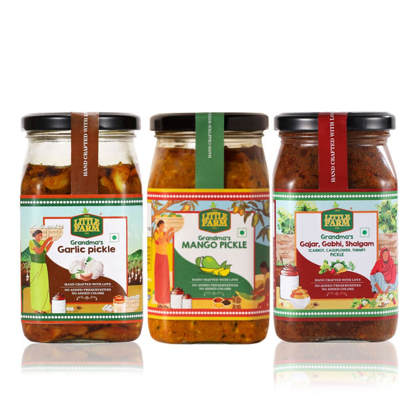 Garlic Pickle, Mango Pickle and Gobhi Gajar Shalgum Pickle Combo - Shop authentic Indian Food by Little Farm