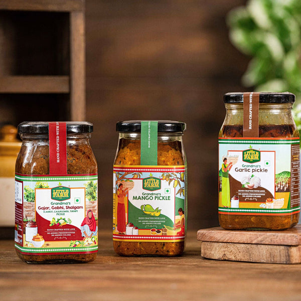 Garlic Pickle, Mango Pickle and Gobhi Gajar Shalgum Pickle Combo - Shop authentic Indian Food by Little Farm