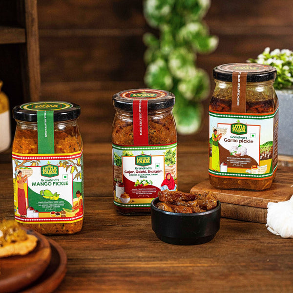 Garlic Pickle, Mango Pickle and Gobhi Gajar Shalgum Pickle Combo - Shop authentic Indian Food by Little Farm